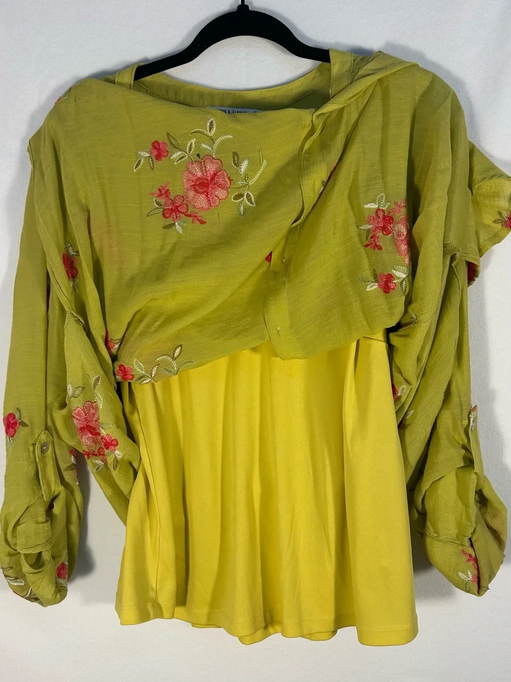 Embroidered Floral Button-Down Shirt in Chartreuse - Picture 4 of 9
